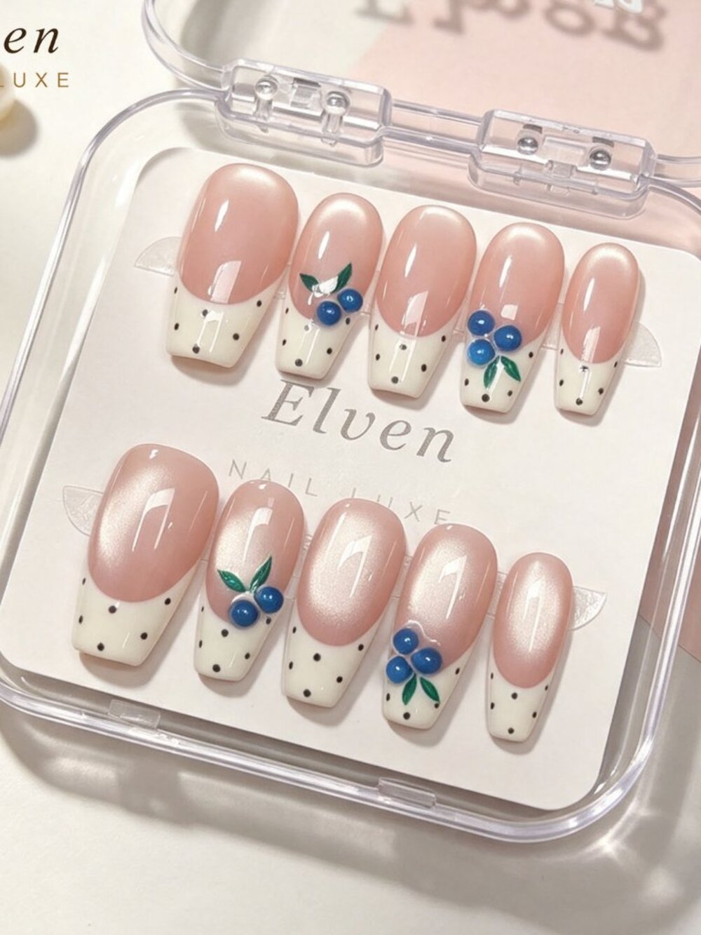 Blueberry Polka Dot White French Tip Handmade  Long Coffin Press On Nails Set